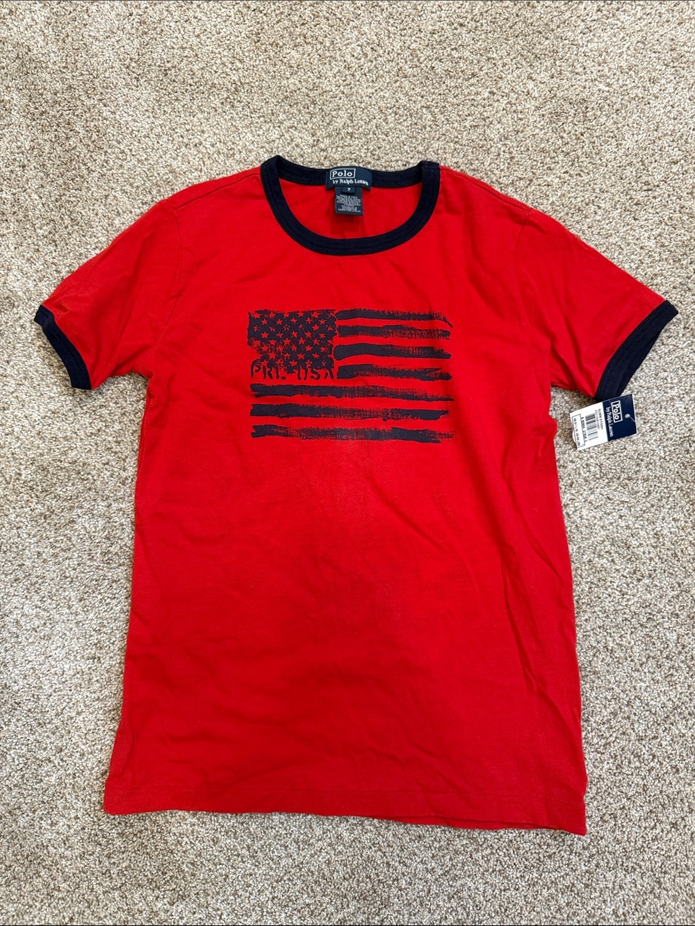 Polo by Ralph Lauren Red Tee with Navy Flag Graphic Ringer Trim Boys 7 with tags